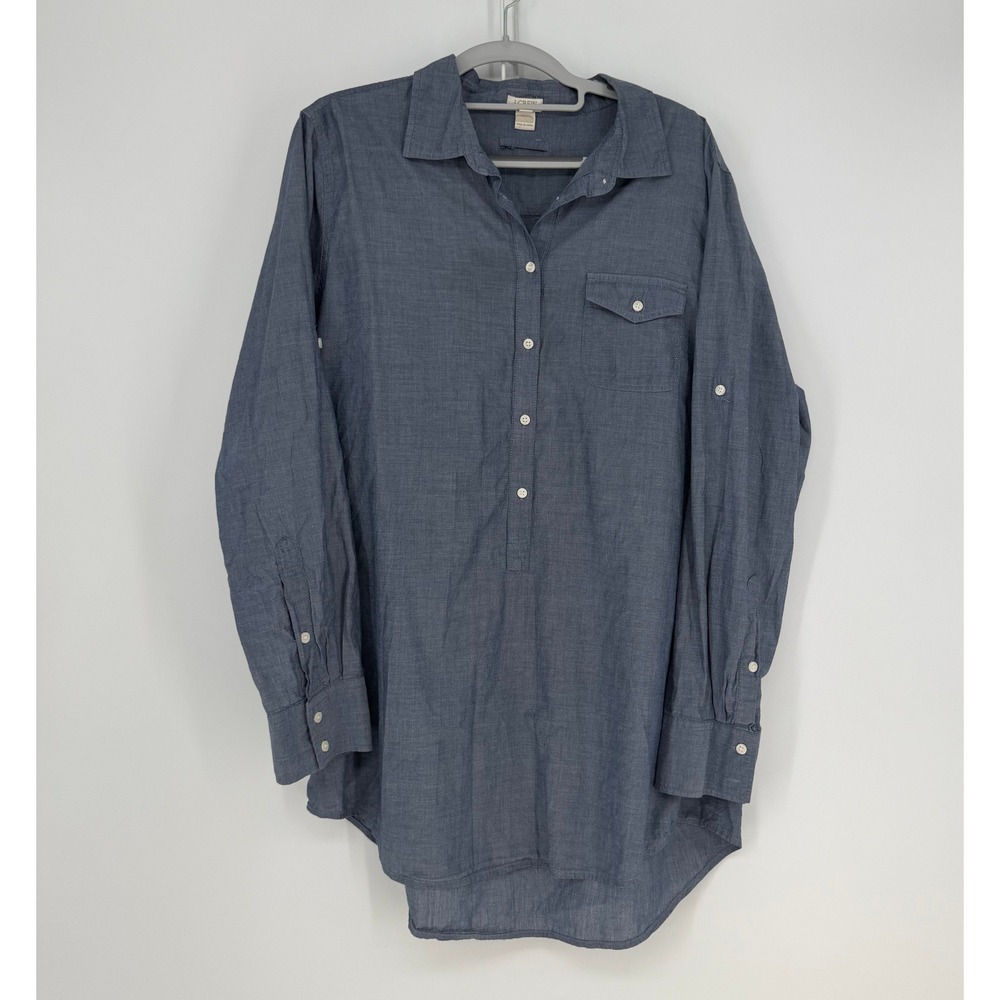 J.Crew Popover Shirt Women XL Blue Chambray Cotton Roll Tab Casual Preppy Office